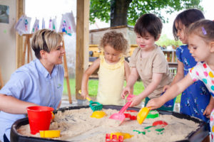 Staff and children in outdoor classroom